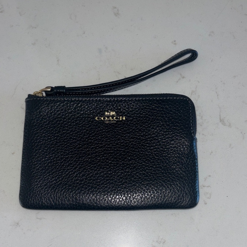 Coach Black Pebbled Leather Wristlet Pouch with Gold Logo